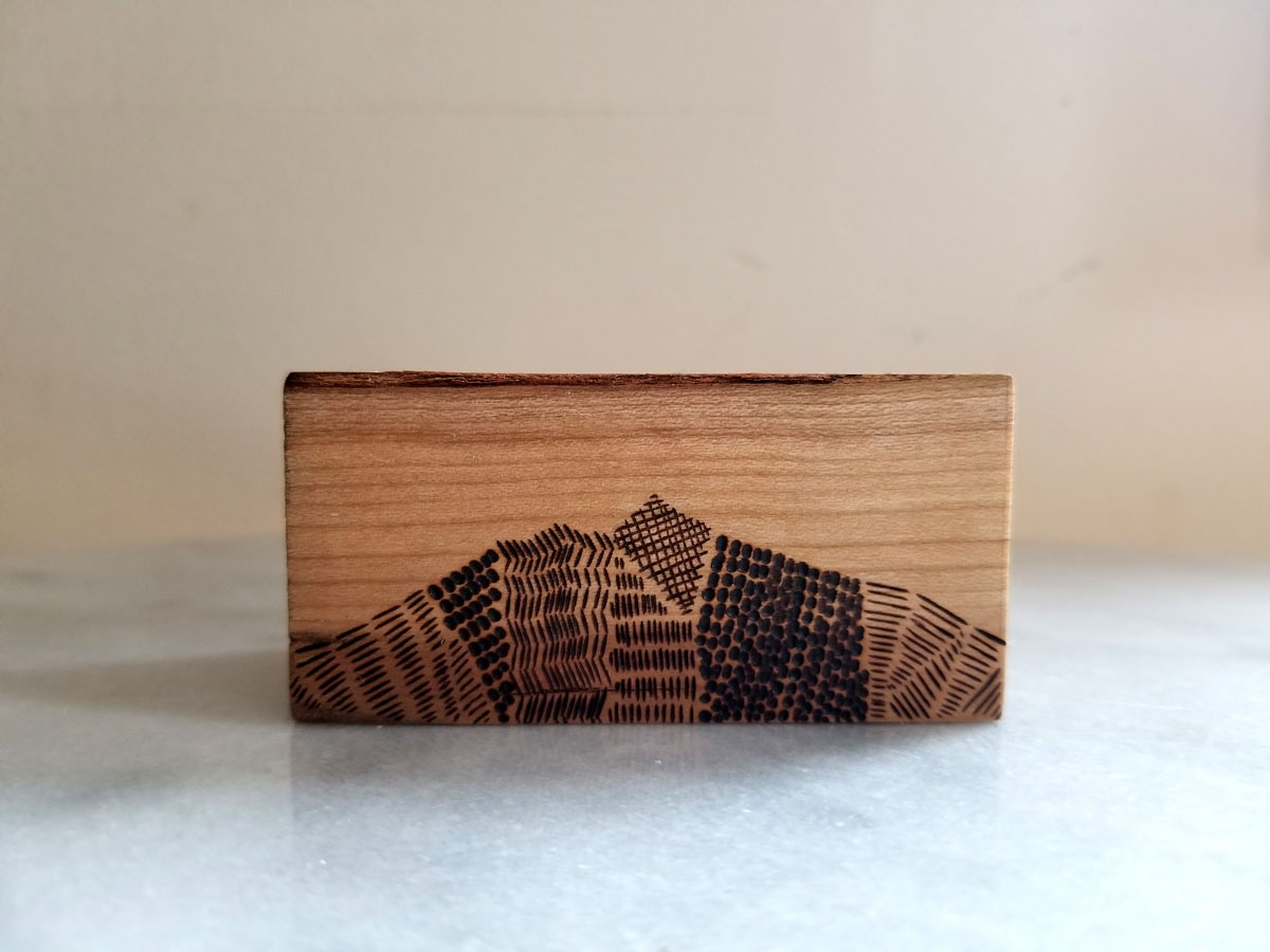 Wood Block Photo Stand | Mountain Line Art | Handcrafted | Pyrography